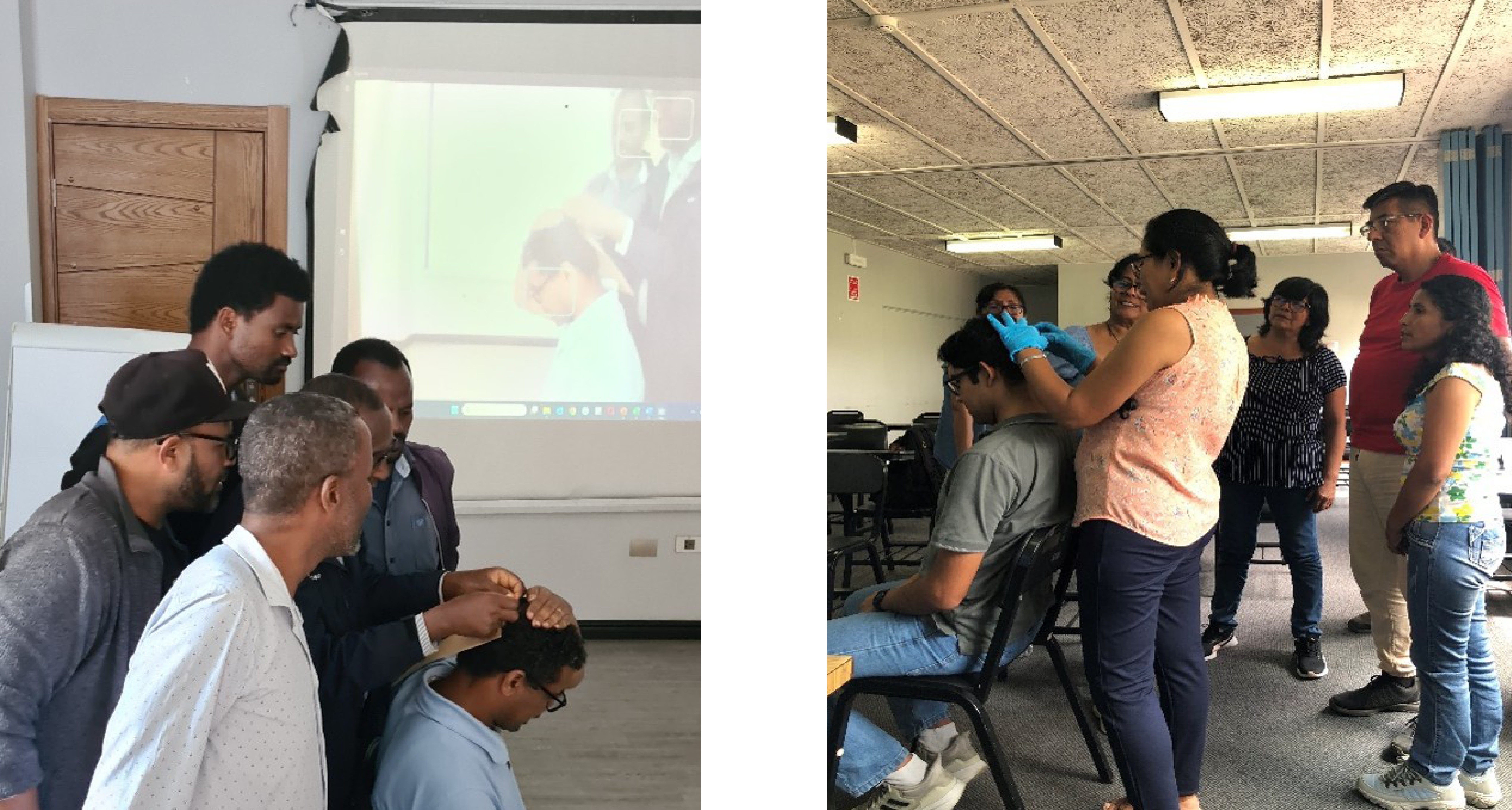 Two images one on the left showing five Ethiopian fieldworkers standing behind a seated fieldworker being shown how to take a cortisol sample. The one on the right shows the same but with fieldworkers from Peru