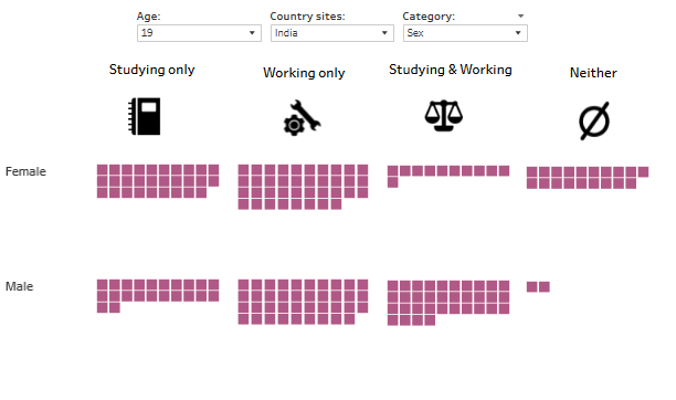 Work and study status in India country sites at age 19