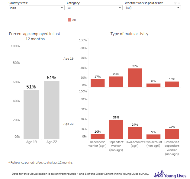 Type of main activity pursued in the last 12 months at age 19 and 22, in India