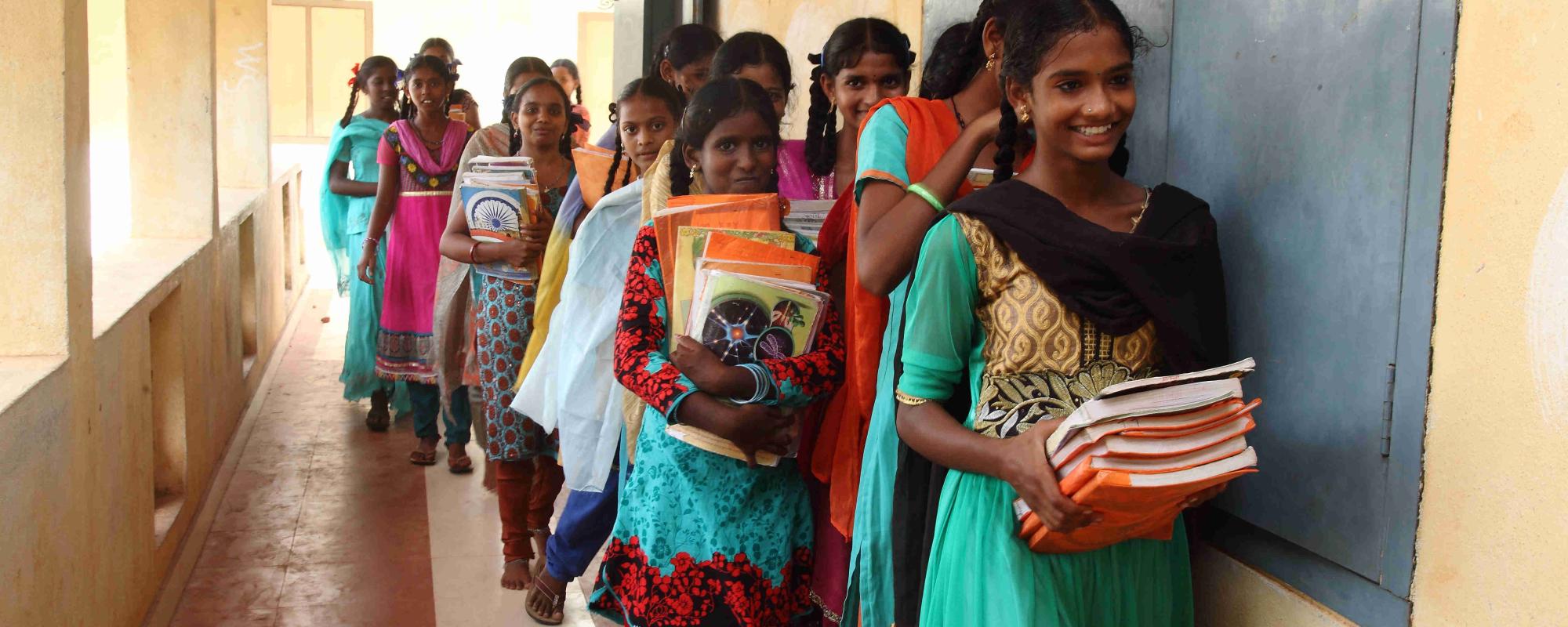 girls lined up outside their classroom