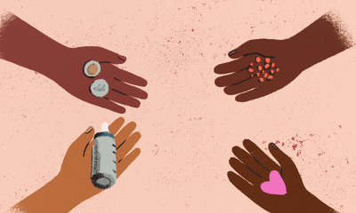 illustration of four hands holding different items.